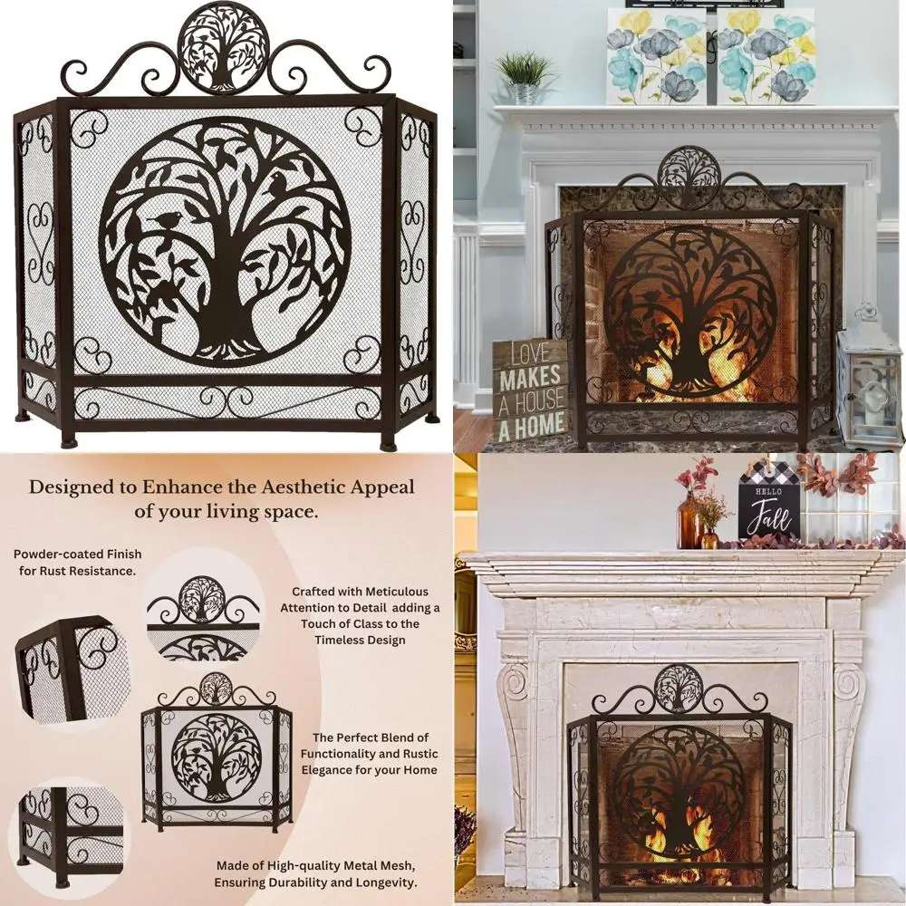 

Tree of Life 3-Panel Fireplace Screen - Brown Rustic Style - Decorative Stand-Alone Cover for Fireplace