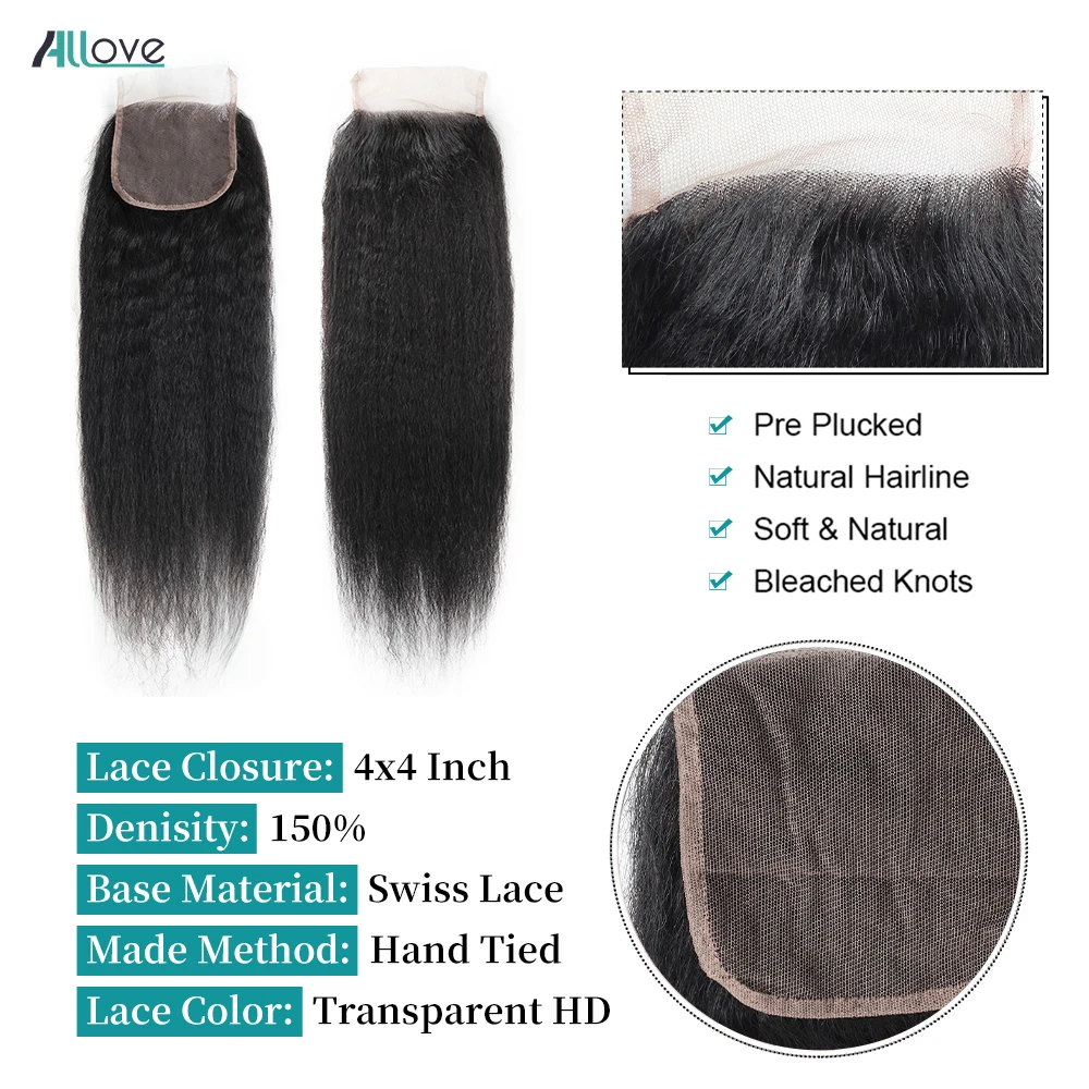 Allove Kinky Straight Bundles With Closure Brazilian Remy Yaki Straight Human Hair Bundles With 4x4 Transparent Lace Closure