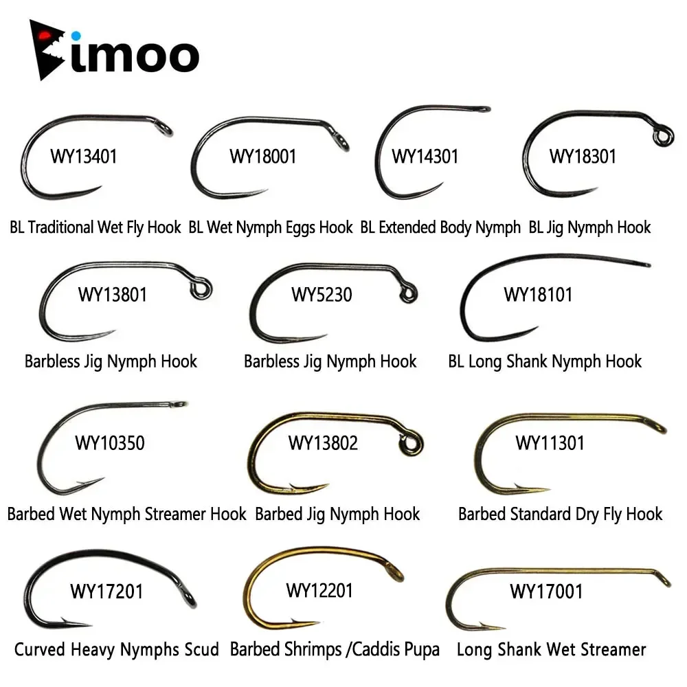 Bimoo 50pcs High Carbon Steel Barb & Barbless Fly Tiing Hook For Dry Wet Nymph Jig Nymph Egg Caddis Pupa Fly Trout Fishing Lure