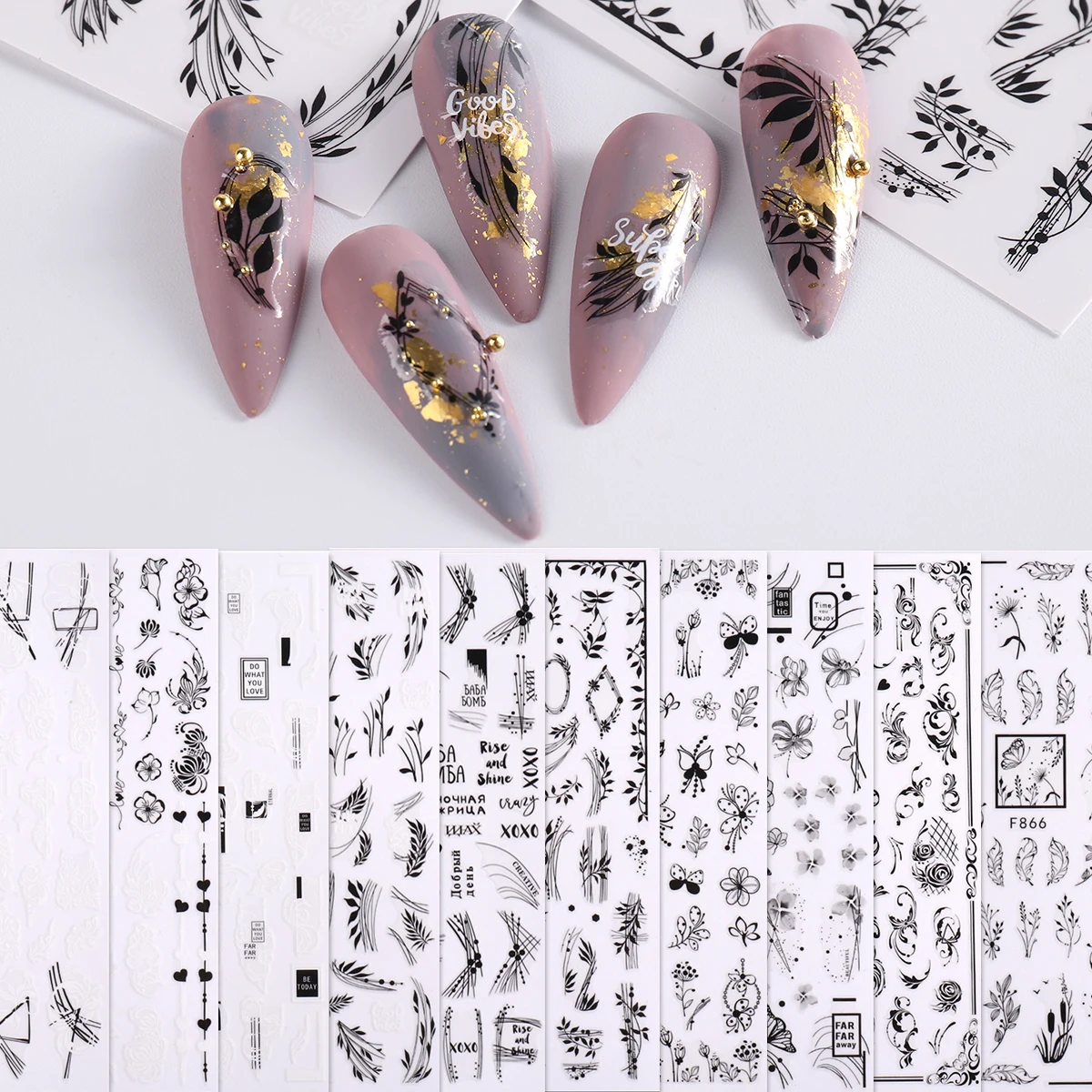 Nagelaufkleber mit einzelner Frühlingsblume und Blattlinien, einfach für Nageldekoration, Heimwerker, Geschenke, Party- und Hochzeits-Make-up-Styling