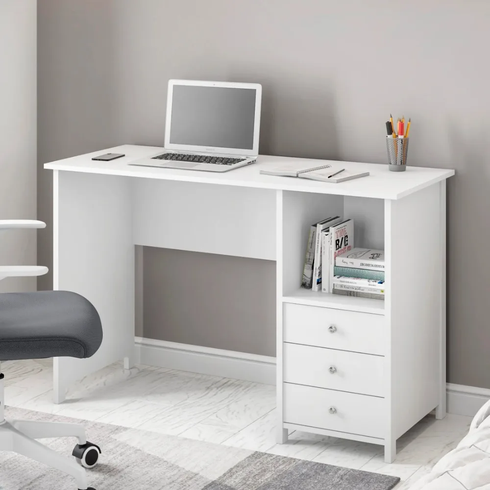 

Contemporary 3-Drawer Computer Desk, White,Open storage area underneath the desk surface