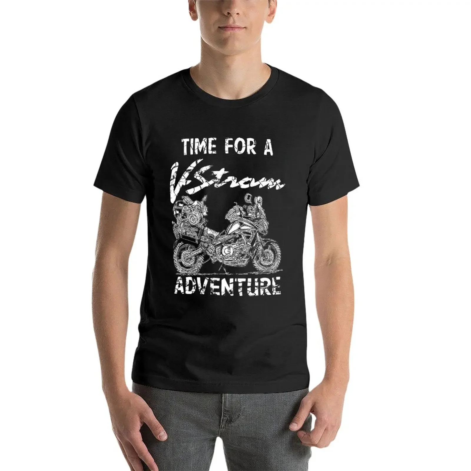 男性用Vstromアドベンチャー2 Tシャツ、無地のTシャツ、重重量、グラフィックTシャツ、黒