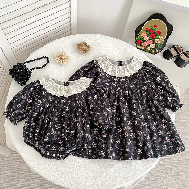 

Осеннее детское платье для девочек с цветочным винтажным принтом и длинными рукавами, повседневные детские платья, детский комбинезон, одежда для сестер на день рождения