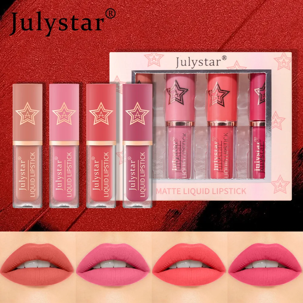 Julystar 4 Stks/set Rood Fluwelen Lippenstift Mistige Matte Lip Glazuur Damesfeest Dagelijkse Cosmetica Aanhoudende Kleuring Lip Glazuur