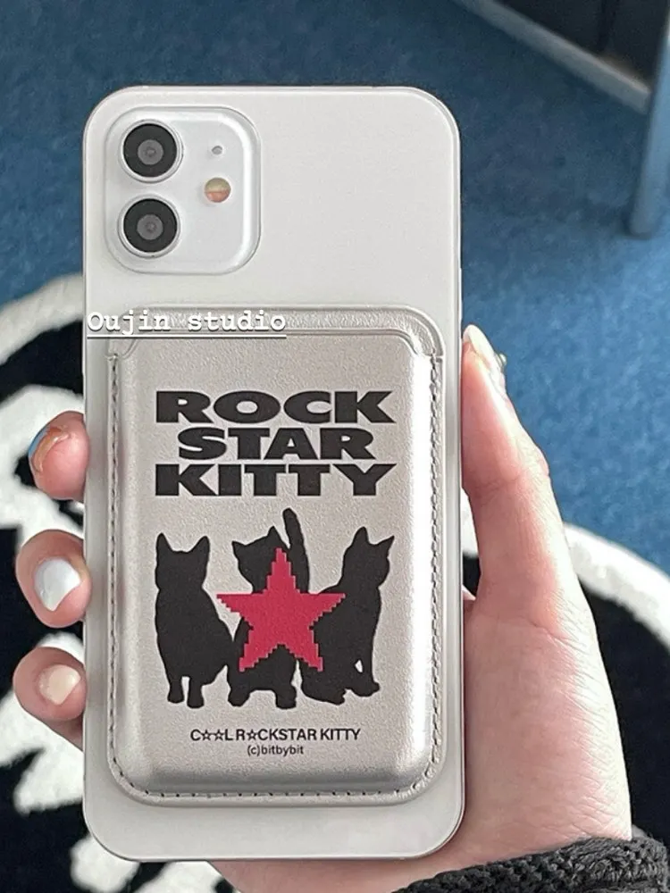 Korean Ins Cute Cartoon Cat Silver for Magsafe Card Holder for iPhone XIAOMI Samsung Phone Case Leather ID Subway Card Slot Y2k