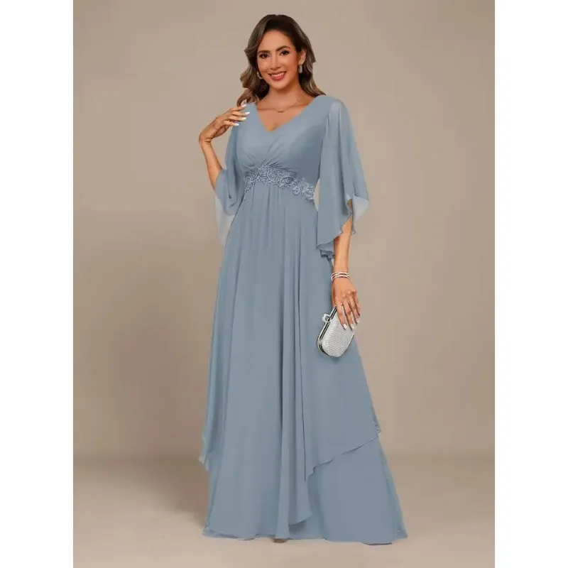 

Women's 3/4 Sleeve Mother of The Bride Dresses 2025 Lace Applique Pleated Formal Party Dress Chiffon Formal Evening Gown