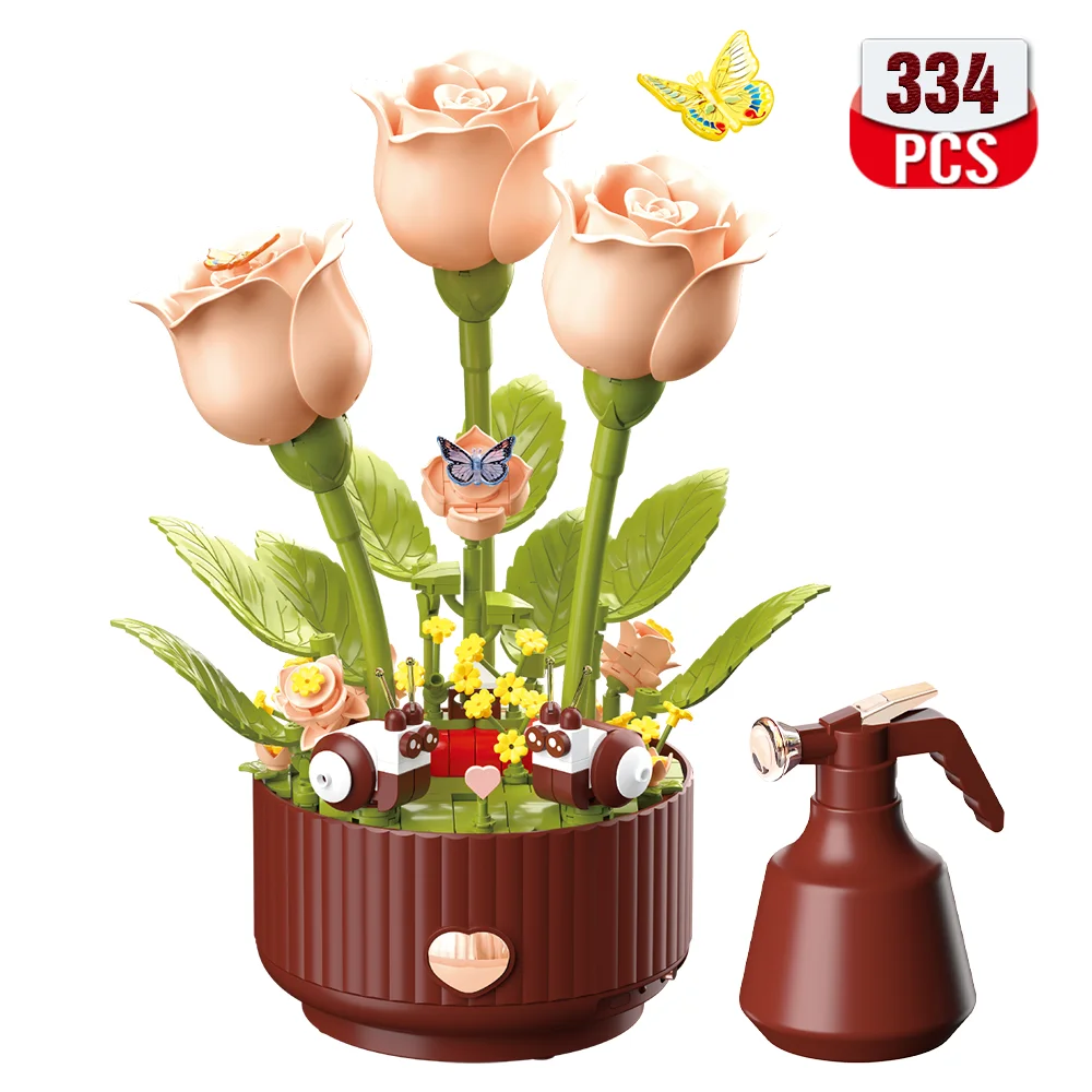 Dynamic Building Block Flower Electric Assembly Rose Bouquet Fairy Atmosphere High-end Decoration For Girl Handmade Wedding Gift