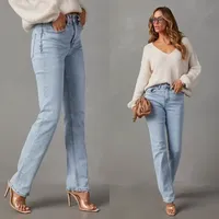 Women Jeans Denim Straight Pants High Waist Zipper Fly Flat Washing Slim Fit Pockets Office Lady Spring 2025 Solid Color