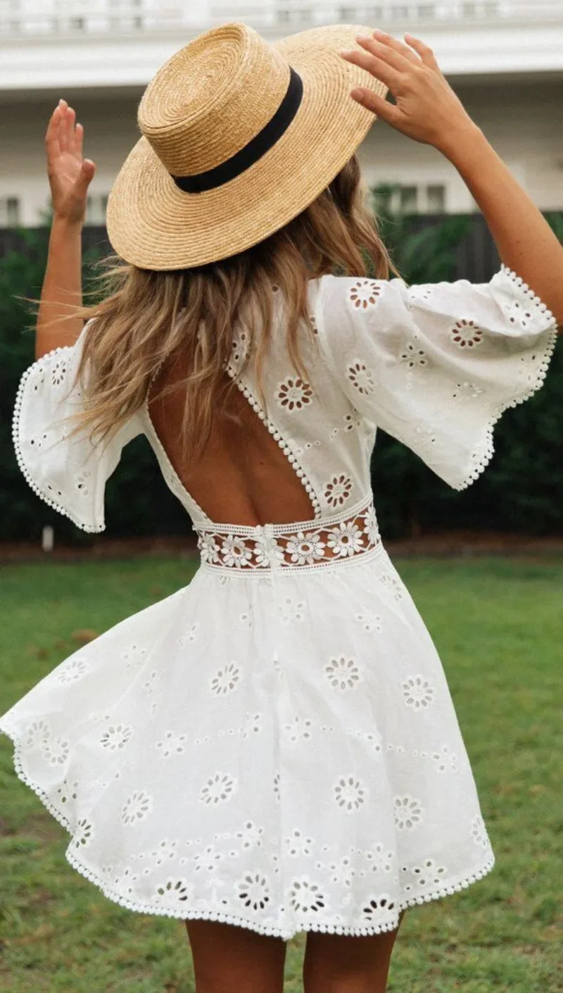 Women Casual High Fashion Backless Short Dresses High Waist Autumn Dress Aproms Elegant White Floral Embroidery Cotton Dress