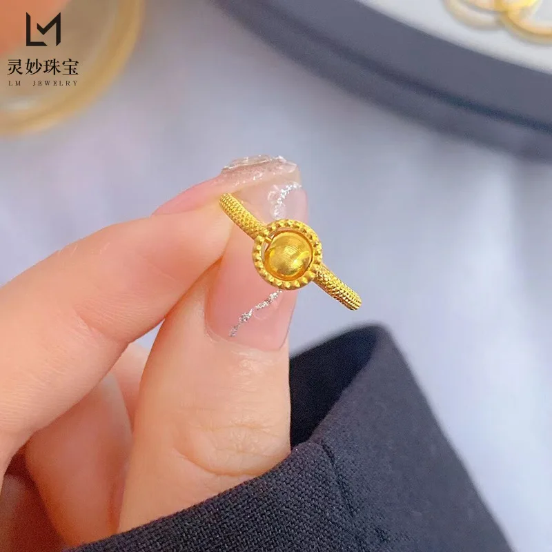 خاتم خرز دوار قابل للتعديل من الذهب عيار 24 قيراط AU999 |   كرمة منحوتة صغيرة، سلسلة ذهبية قوية، قابلة للتعديل، فاخرة ومكررة