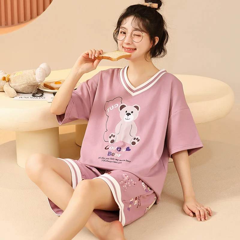 

Women Cute Sleepwear 2PCS Shirt&Shorts Pajamas Set Print Nightwear Cartoon Pyjamas Female Homewear Tops Pant Pjs pijamas