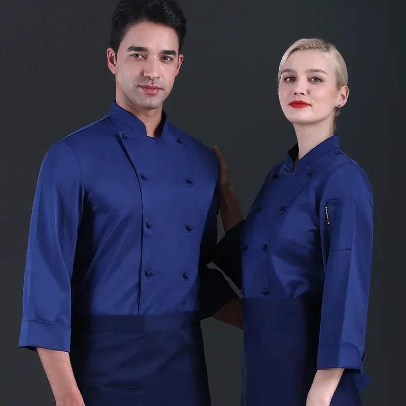 Traje de Chef blanco puro, chaqueta de cocinero, camisa de Chef masculina de gama alta, uniforme de restaurante de manga larga, ropa de trabajo para barbería, monos