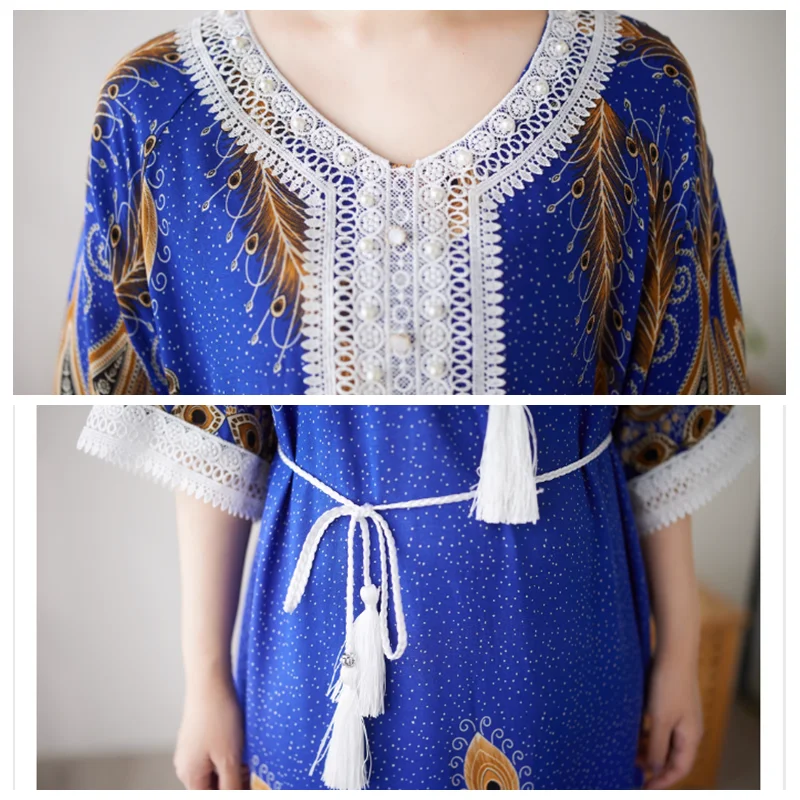 Boho Summer Cotton And Linen Dress Women Casual Loose Short Sleeve Flower Lace Beach Long Dress Maxi Robe Holiday