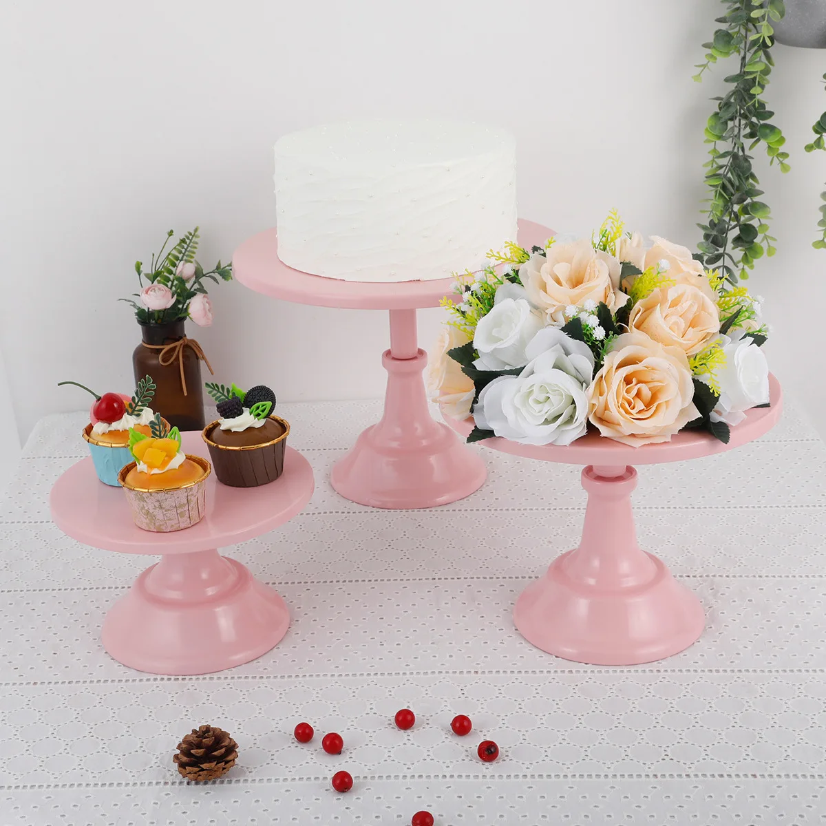 

Metal Cake Stand Flowers Vase Pink Table Centerpieces Wedding Porps Christmas Decoration