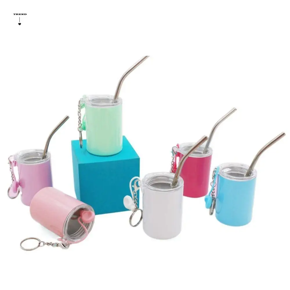 Stainless Steel Water Cup Keychain Shot Glass Coffee Cup Straw Cup Keyring Leak-proof Mini Tumbler Drinking Cup Pendant