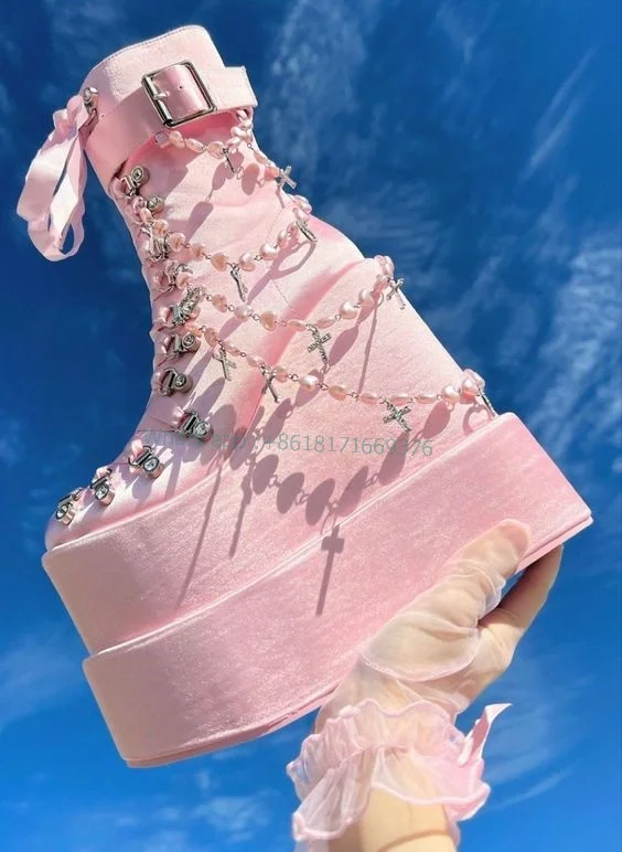 Design Cake High Platform Pearl Wedges Pink Boots Women Dress Sweetheart Lace up Crystal Ankle Shoes High Heel Girl Evening