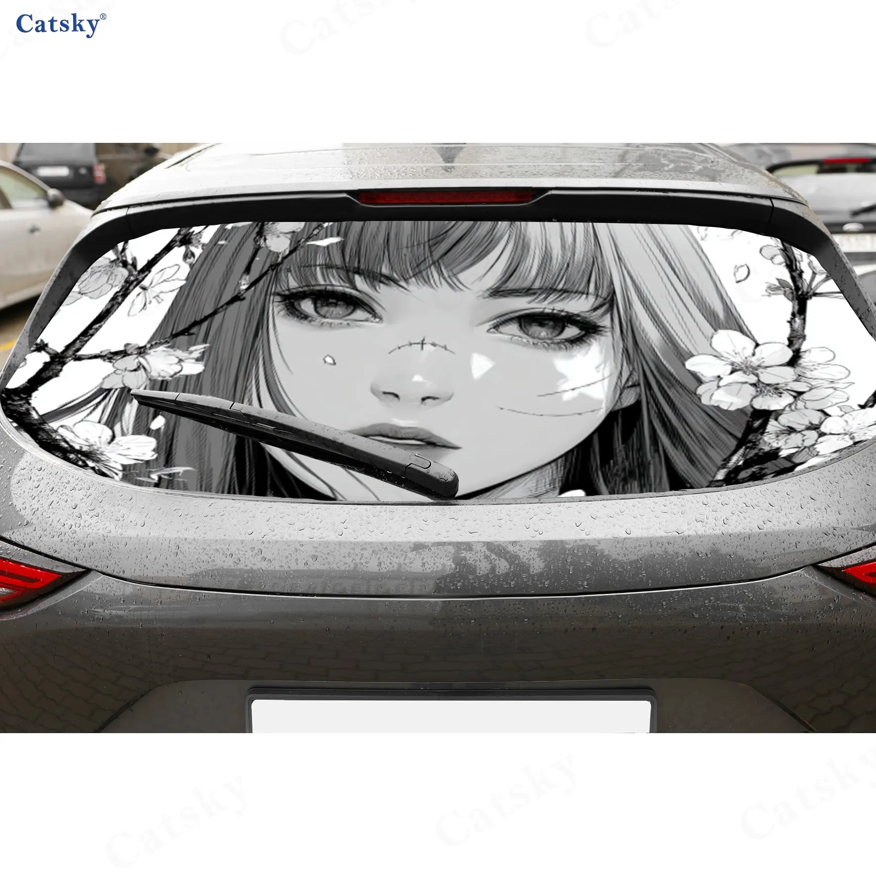 Spring Sakura Girl PVC Perforated Car Vinyl Wraps, Durable Car Windshield Sticker, Waterproof Car Window Decal