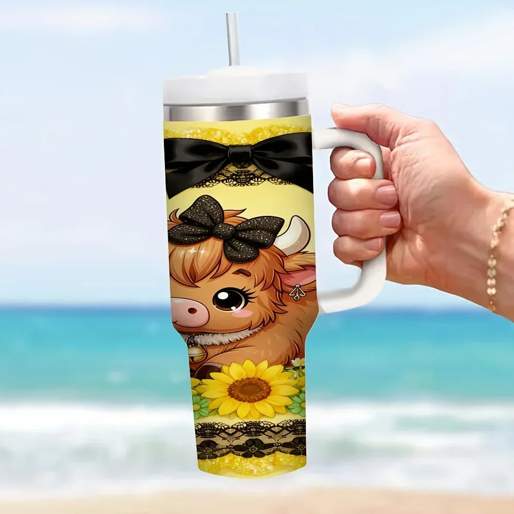 40oz Insulated Tumbler with Handle, Cute Highland Cow Sunflower Bee Print, Suitable for Women Daily Use, Keeps Drinks Hot Or Cold for Outdoor And Indoor Activitiesorders for other colors will be shipped randomly in black or white