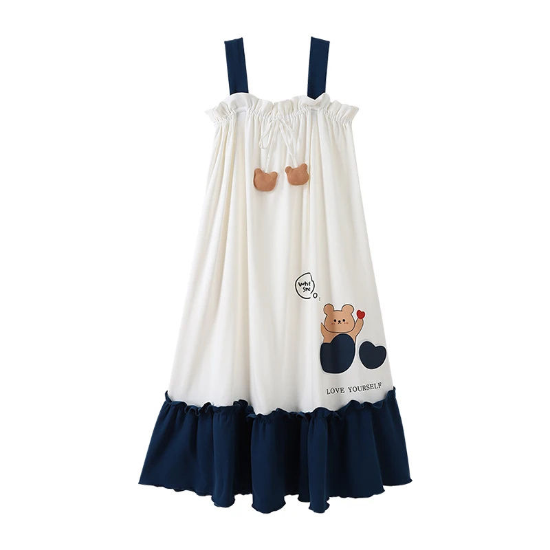 2025 Summer Cotton Cute Cartoon Bear Print Sweet Ruffles Suspender Pajamas Girl New Sexy Square Collar Comfortable Loungewear