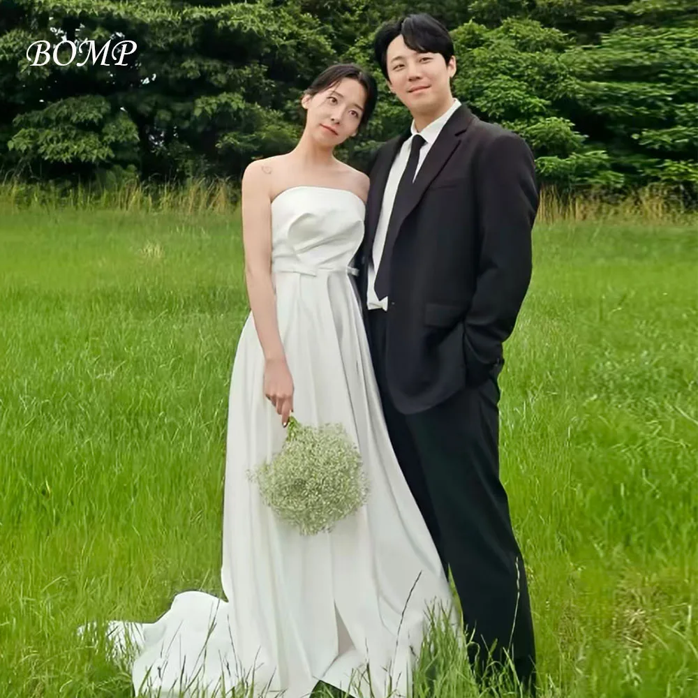 BOMP – robe de soirée de mariage Simple, sans bretelles, avec nœud, ligne a, traîne de balayage, taffetas ivoire, séance Photo coréenne, robe de réception de mariée personnalisée
