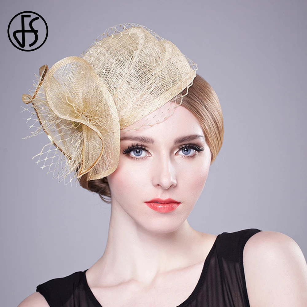 FS Luxury Woman Hat Wedding Ceremony Elegant Church Apricot Kentucky Headdress Ladies Horse Racing Festival Small Top Cap