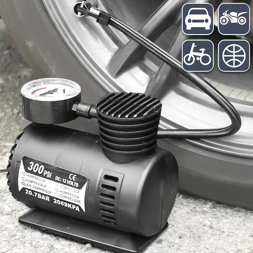 Inflador Elétrico 12V 300PSI, Mini Compressor de Ar para Carro, Bomba Elétrica de Ar para Pneus com Medidor de Pressão