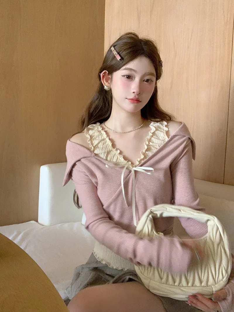 

Balletcore Sle ort Knitted Jaet Women's Cross Belted V-Ne Top Sweet Princ Fit Design Thin Long Sve Pure Color