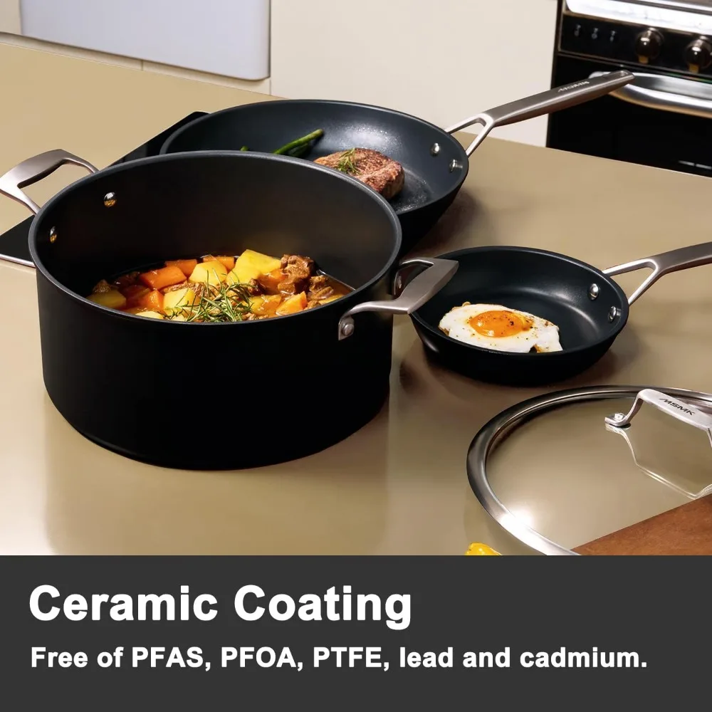 وعاء مخزون غير لاصق سعة 8 لتر مع غطاء زجاجي، آمن للفرن حتى 700 ° F، متوافق مع الحث، مقاوم للخدش، غير لاصق يدوم طويلاً