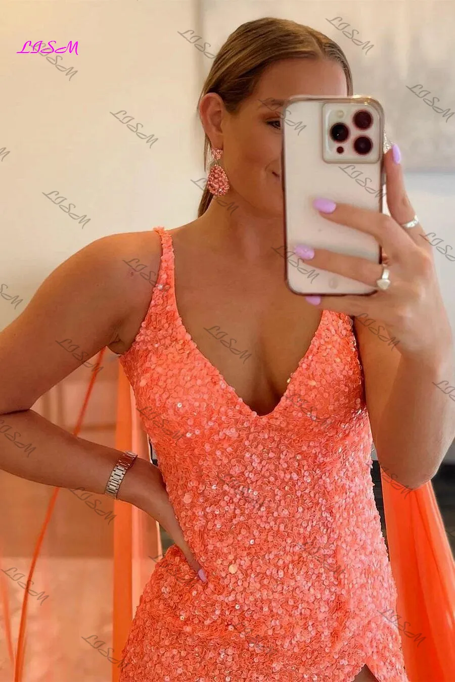 Vestido luxuoso de lantejoulas com fenda lateral, vestido longo de baile, vestido frisado brilhante, decote em v sexy, vestido sereia com trem, laranja e laranja