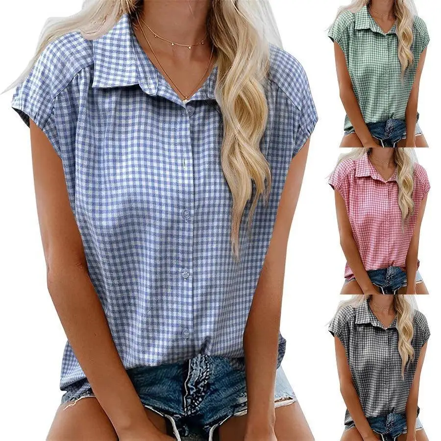 

Casual Summer Women's irt ort Sve Button up Collar Plaid Top Cross-Border Faion Polyester Cotton Blend Regular Fit