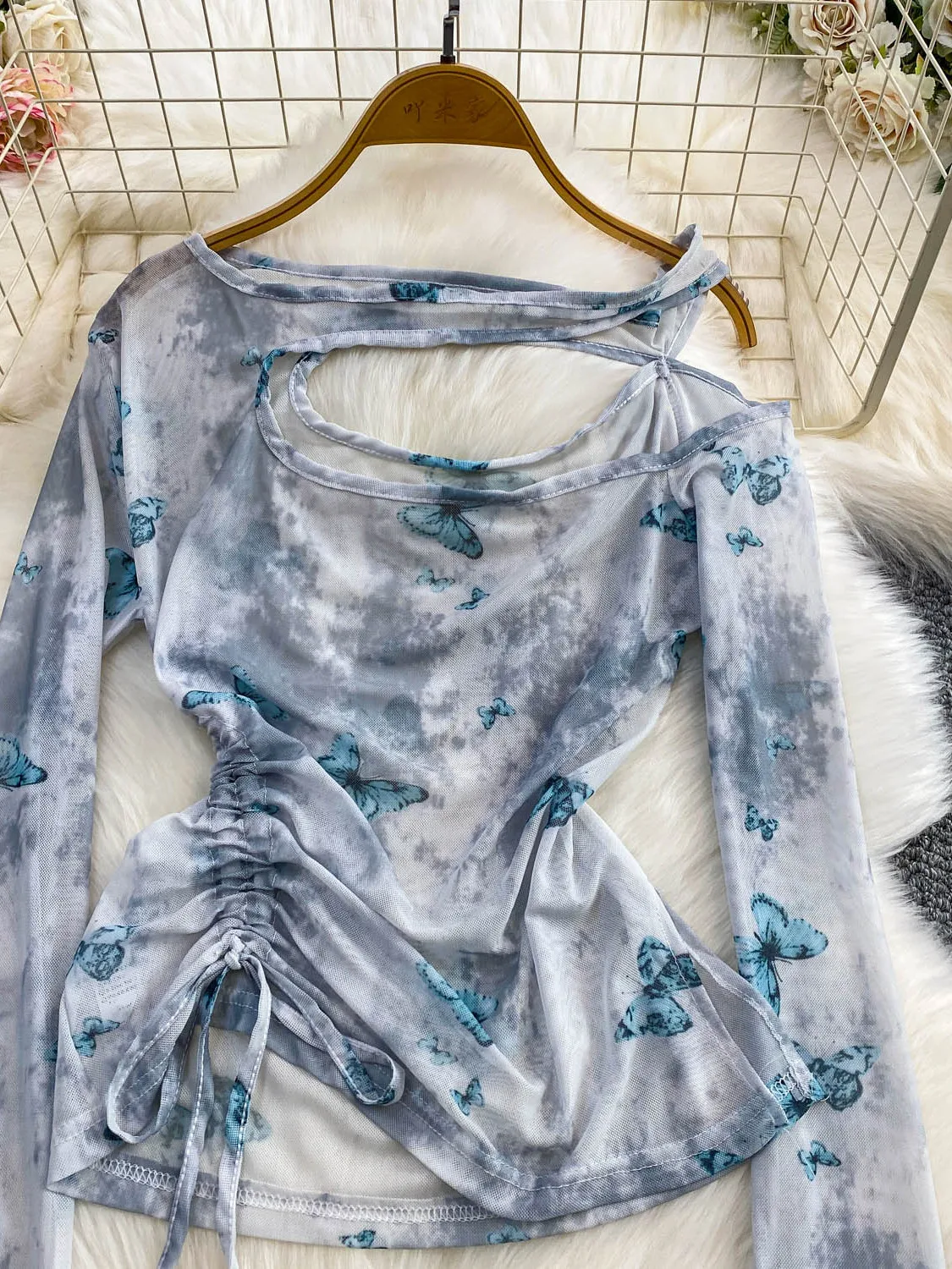 

Sexy American Hot Girl Hollow out One oulder T-irt Girl Beautiful Me Print Dstring Waist Bell Sve Top P...