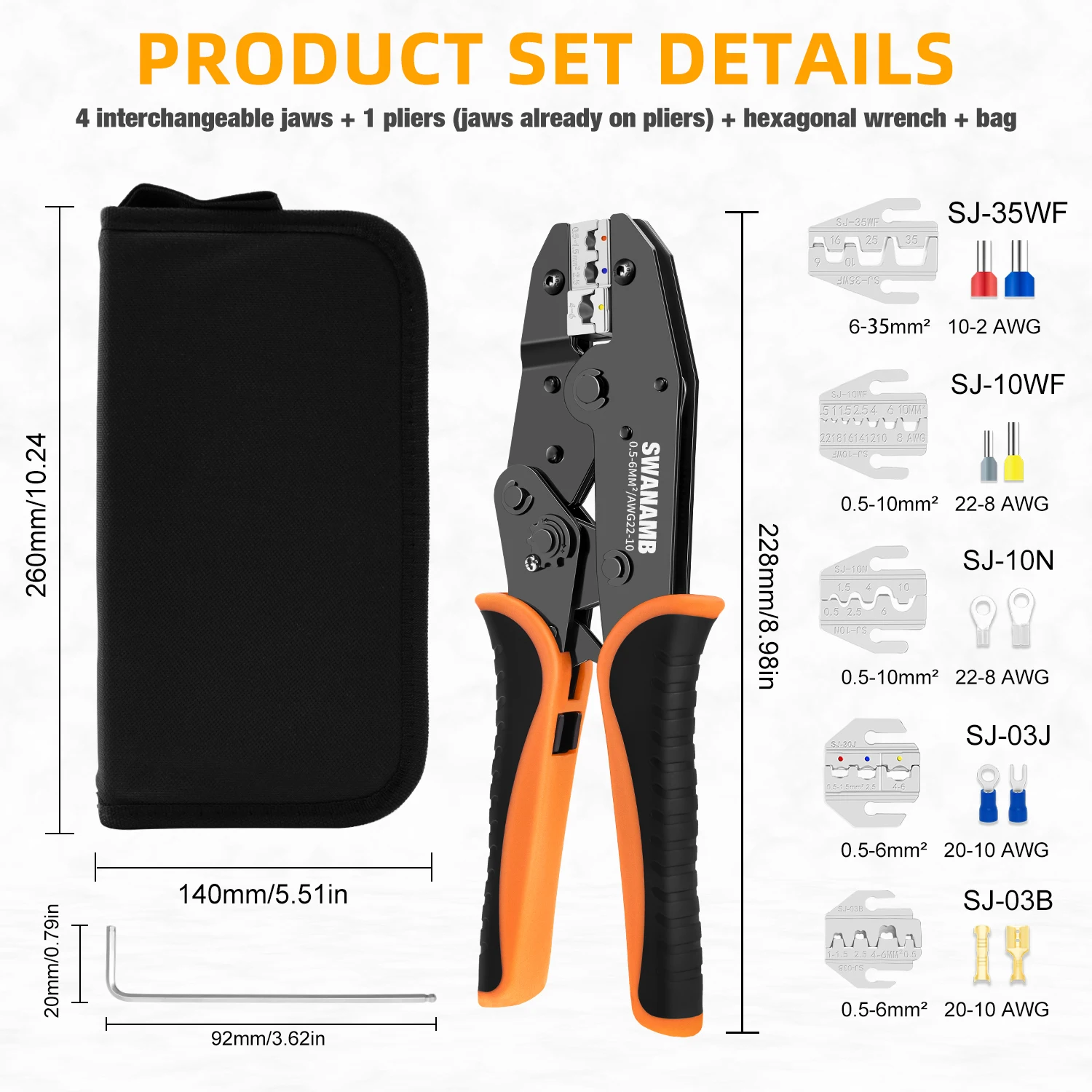 HS-30J Multifunctional Ratchet Connectors Crimping Tool Kit,Wire Crimping Pliers with 4 Different Jaws,0.5-6mm ² Hand Tools