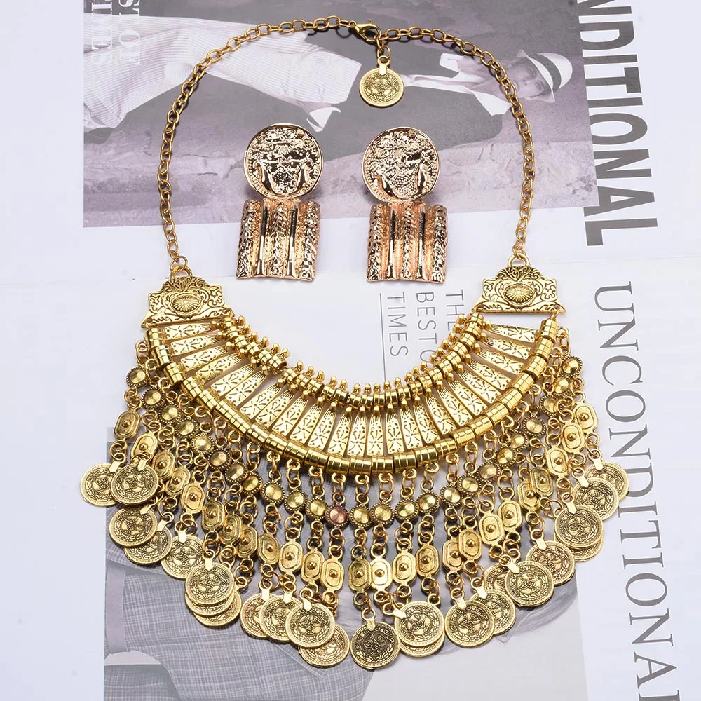 Indian Ethnic Vintage Coins Tassel Statement Necklace Women Jewelry Sets Boho Retro Metal Large Collar Choker Necklace Earrings