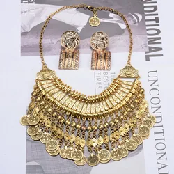 Indian Vintage Statement Coins Tassel Necklace Earrings Jewelry Sets Women Retro Multilayer Alloy Large Collar Choker Necklace