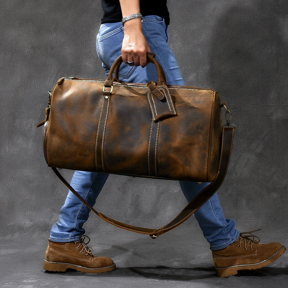 

High Quality Retro Distressed Large Capacity Men's Crazy Horse Leather Motorcycle Travel Bag Cowhide Fitness Portable Luggage