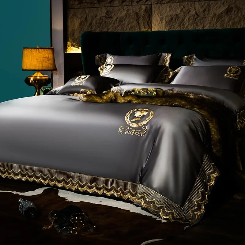 4/6Pcs Satin like Silk and Cotton Embroidery Duvet Cover Set Double Queen King size Luxury Bedding Set Flat Sheet Pillow shams