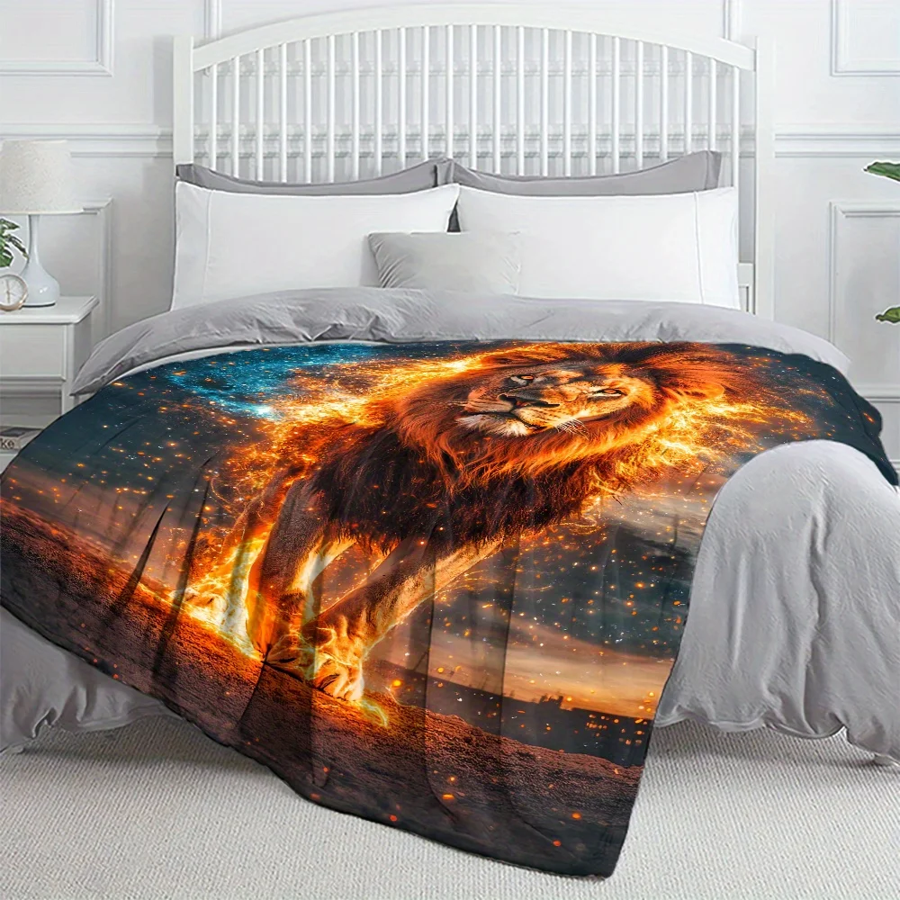 Fiery Flame Lion Galaxy Starry Sky Art Print Flannel Throw Blanket, Soft Warm Sofa Cover, Animal Gift For Bedroom Daily Rest Use