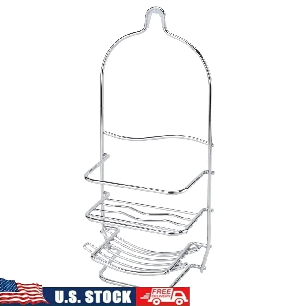 

Metal Shower Caddy Chrome 3-Tier Storage Organizer with Hooks Bathroom Durable Rust-Resistant Hanging Shower Head Accessory