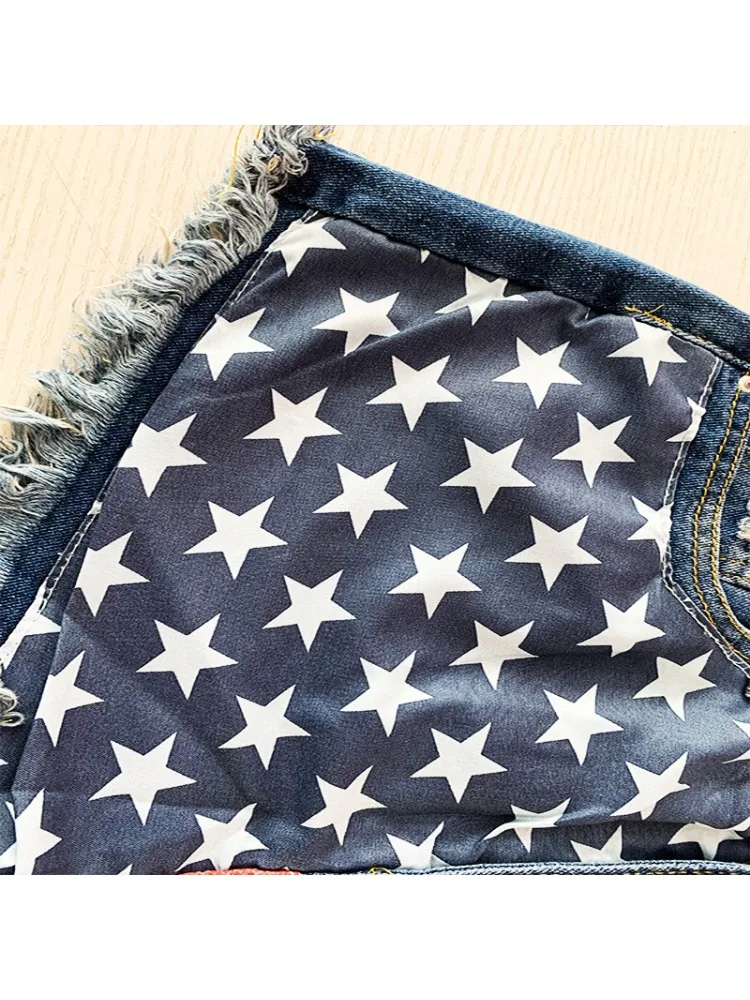 Women\'s Summer American Flag Tassel Star Print Denim Shorts Fashion Tassel Design Shorts Versatile Casual Shorts