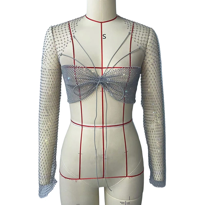 

Sexy See Through Hollow Out Fishnet Mesh Backless Crop Tops Sparkly Rhinestone Long Sleeve T Shirt Nightclub Party Tank Top