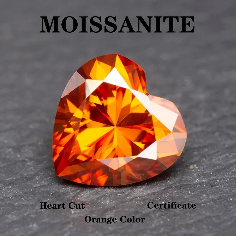 

Moissanite Stone Heart Cut Orange Color Extremely Shiny Quality DIY Charms Ring Necklace Earrings Main Materials Certificate