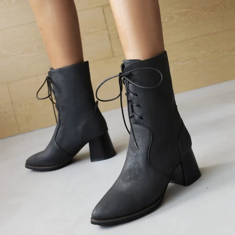 

women boots Winter Shoes Ladies Thick Heels Pointed Toe Ankle Boots High Heels Platform Motorcycle Boots Plus Size 48 22-2