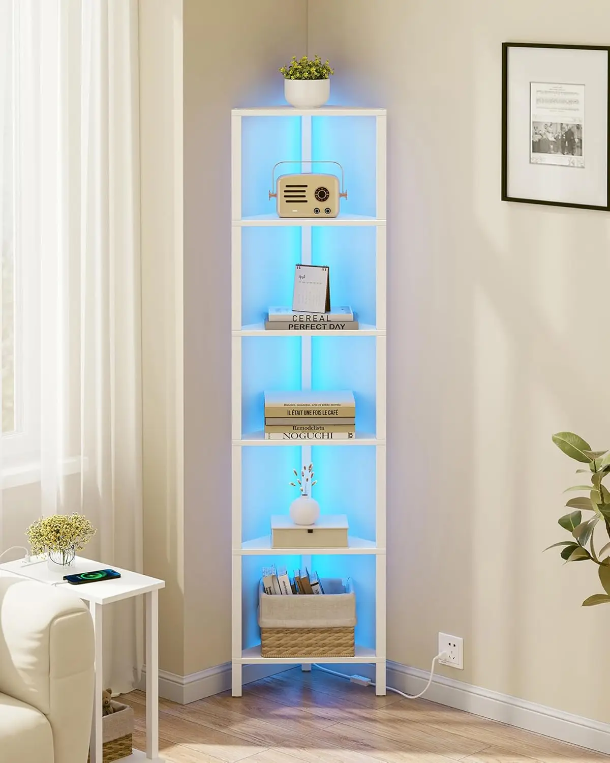 

6-Tier Corner Bookshelf with LED Lights, Narrow Display Shelf for Small Spaces, Storage Rack for Living Room Bedroom, White