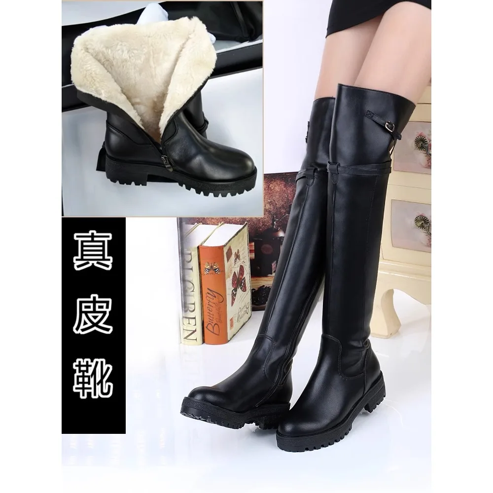 Fashion Cow Genuine Leather Stretch Over-the-knee Boots Platform Round Toe High Heels Western Winter Women Warm Thigh High Boots