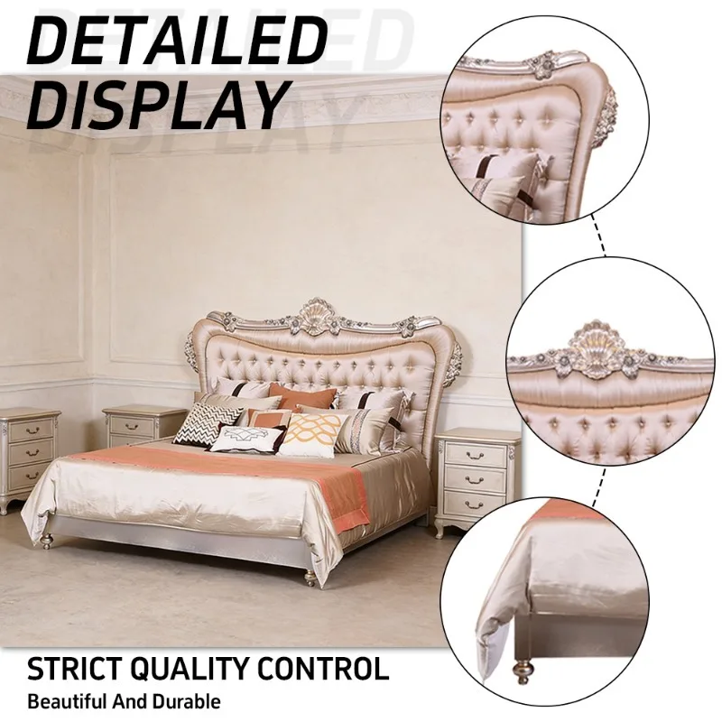 Hand-Carving Solid Wood Frame Luxurious Tufted Satin Upholstery Queen Bedroom Sets Furniture European Royal Style Bed