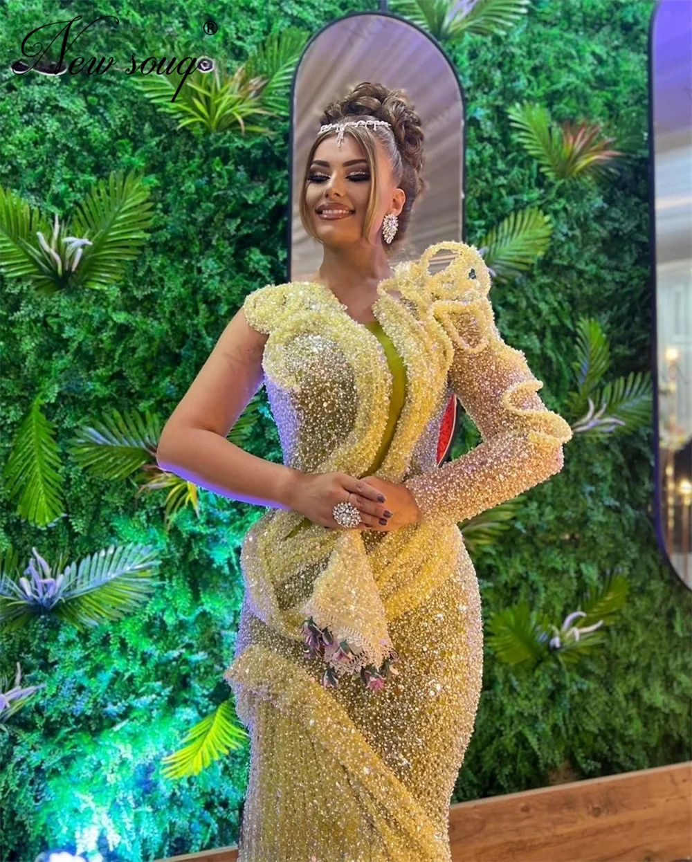 Vestidos de Noche de manga larga de boda para invitados, traje amarillo de lujo con lentejuelas brillantes y cuentas, 2024