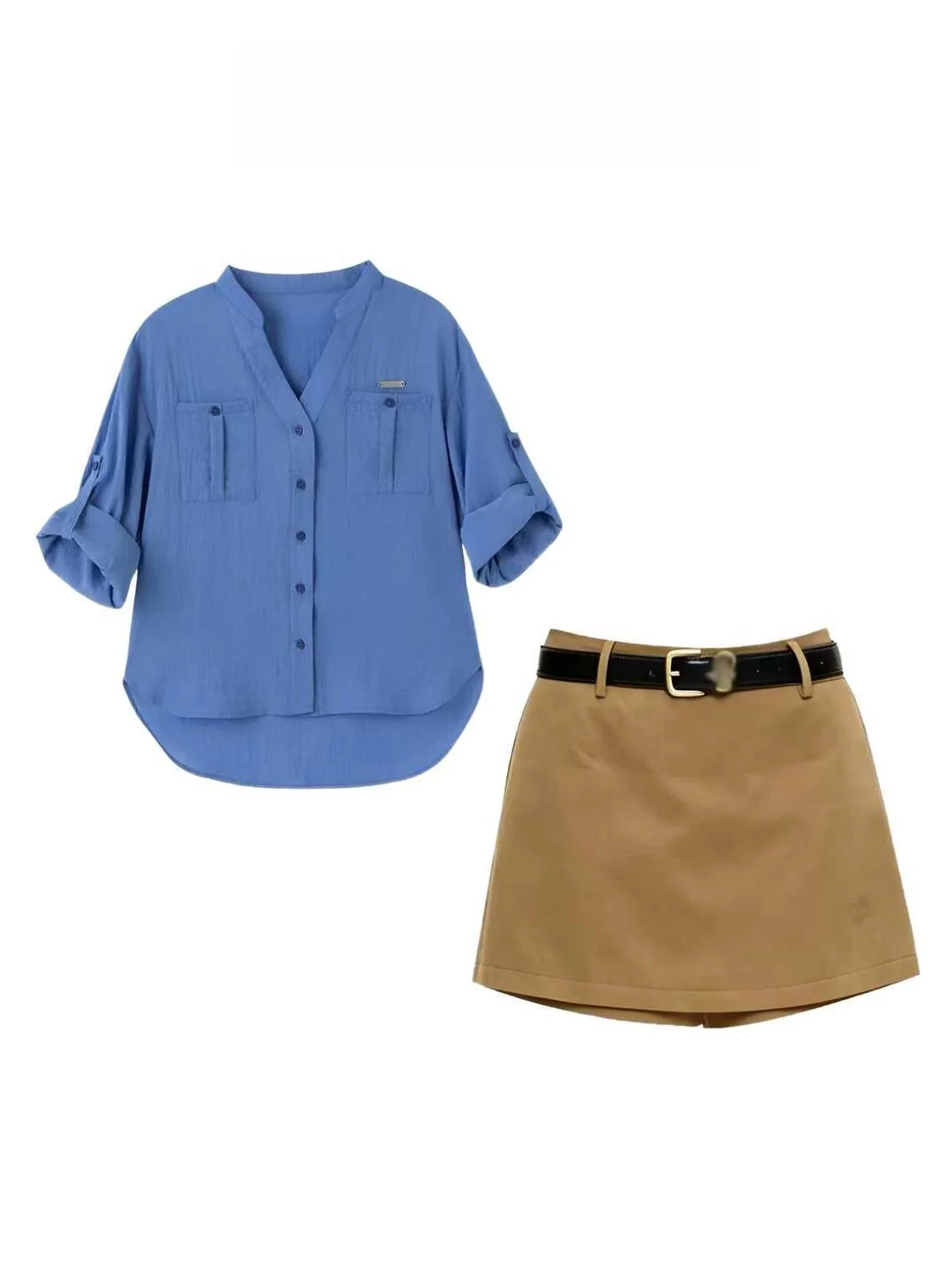 Klein Blue Shirt And Khaki  Skirt Women's Autumn Fashion Set Casual Style Breathable Fabric High Waist Design Button Closure