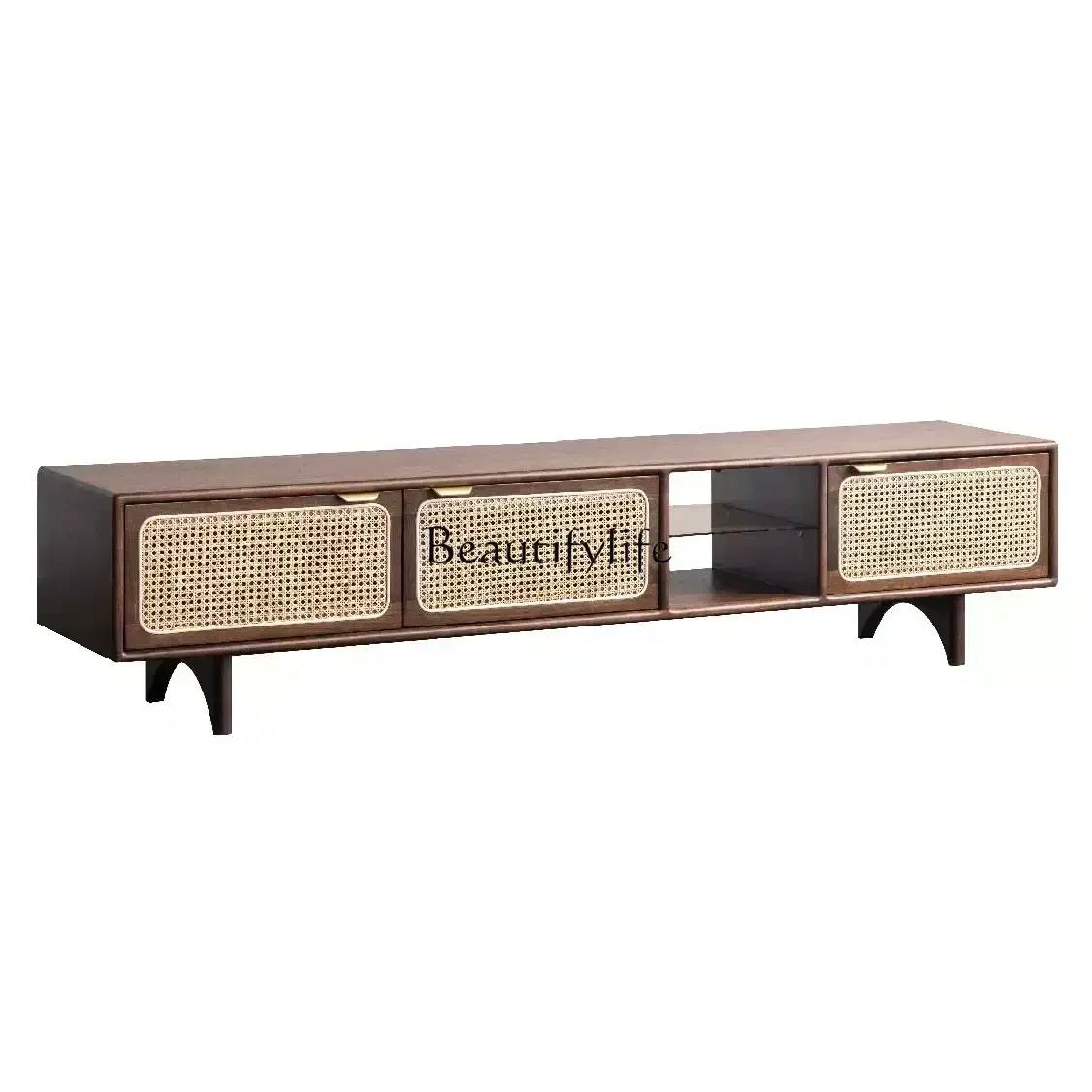 

FG44Rattan TV cabinet Nordic black walnut living room audio-visual cabinet Medieval style Japanese style