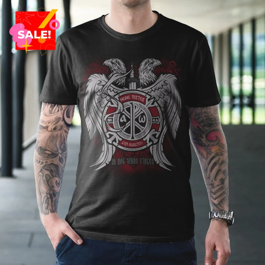 Double-headed Eagle Constantine Cross Alpha and Omega Christian T-Shirt New 100% Cotton O-Neck Short Sleeve Casual Mens T-shirt