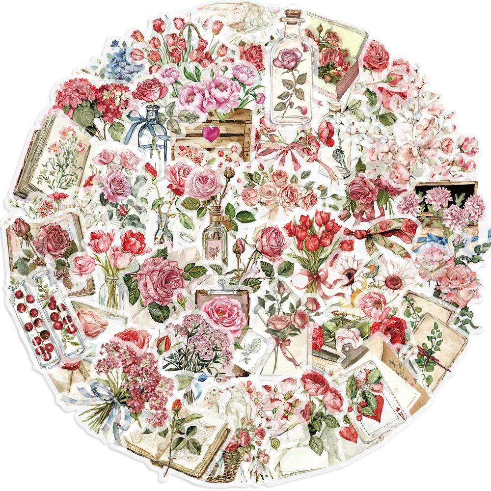 50PCS Flowers and Letters Transparency Stickers PET Handbook Flower Design Materials Decoration Laptop Phone Guitar Kid Toys